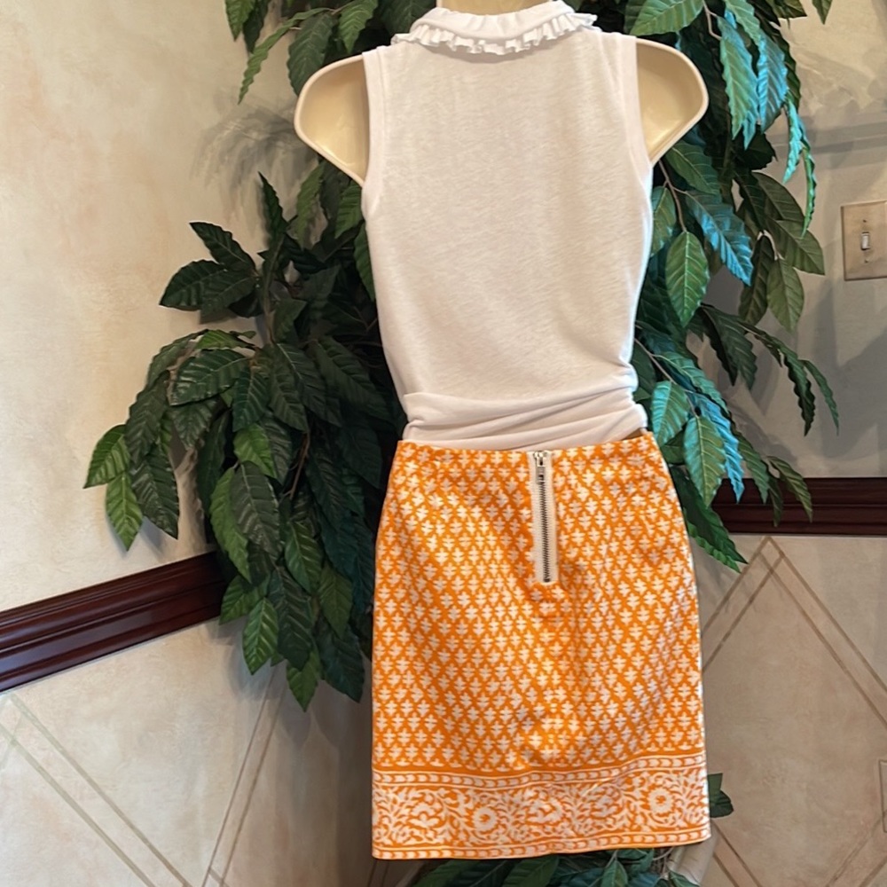 J CREW FACTORY ORANGE PRINT SKIRT & RUFFLE TOP - Picture 2 of 9